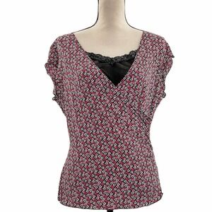 MIX It Stretch Black & Pink Geometric Print Short Sleeve Lace Blouse